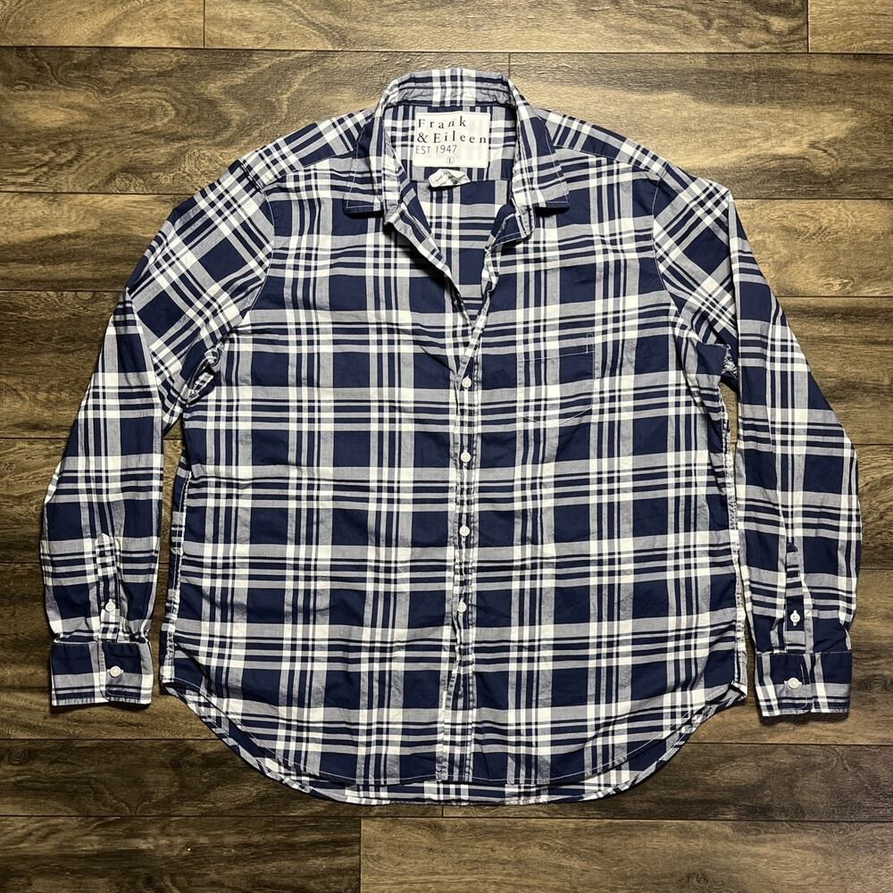Frank & Eileen Eileen Shirt Women's L Navy Plaid Cotton Relaxed Button Up